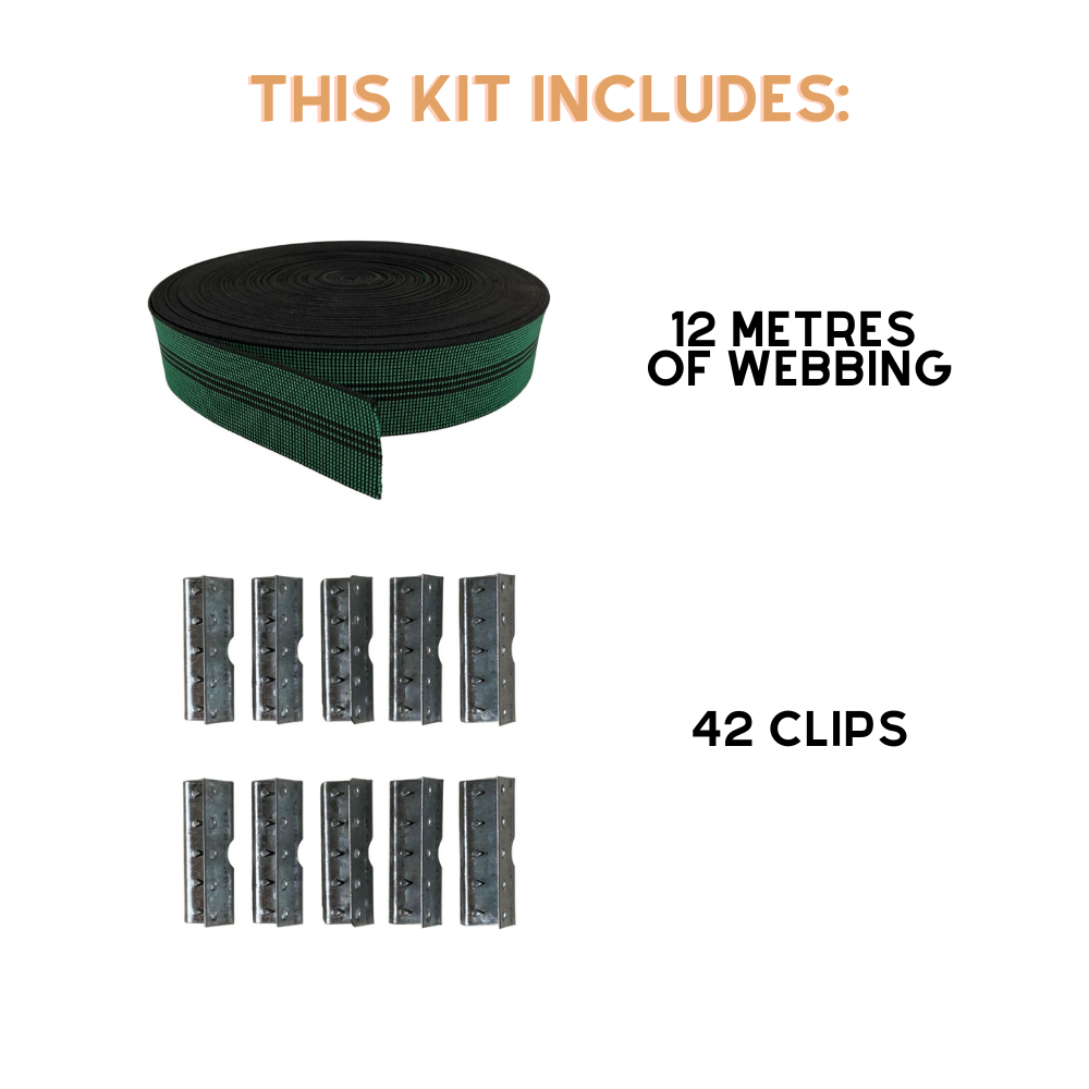 Upholstery Webbing Repair Kit 12 Metres 40 Clips