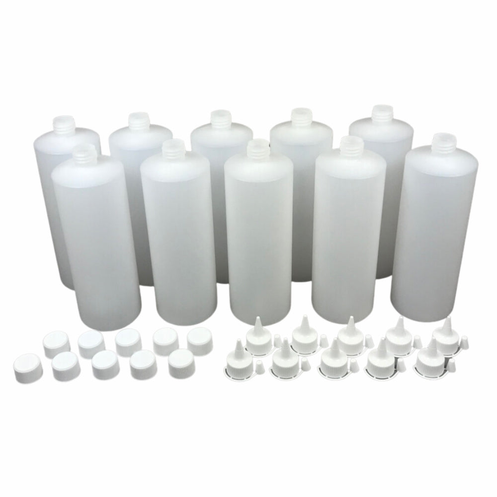 Heavy Duty Plastic Squeeze Nozzle Bottle and Lids Polyethylene 1 litre 10 pack